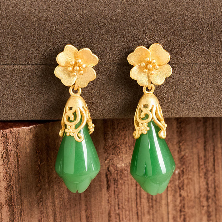 Buddha Stones Magnolia Flower Green Jasper Copper Plated Gold Balance Earrings - image 2