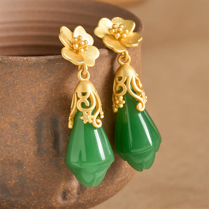 Buddha Stones Magnolia Flower Green Jasper Copper Plated Gold Balance Earrings - Green Jasper(Earrings Size: 1*3.5cm) - image 0