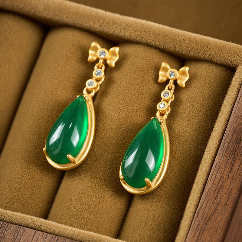 Buddha Stones Waterdrop Design Green Jasper Copper Plated Gold Balance Earrings - image 2