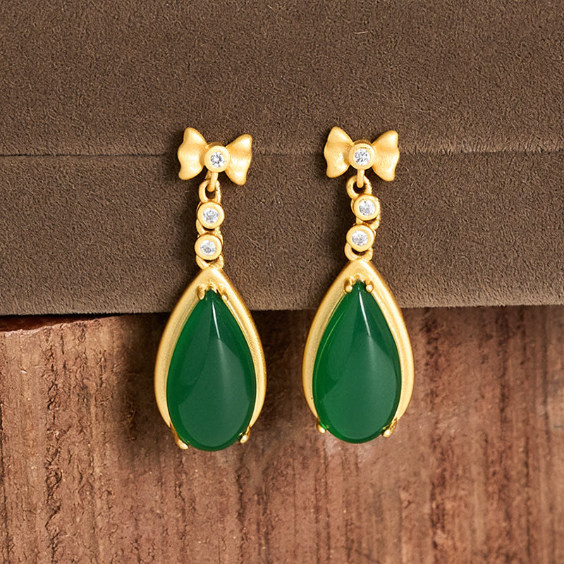 Buddha Stones Waterdrop Design Green Jasper Copper Plated Gold Balance Earrings - image 4