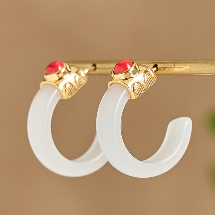 Buddha Stones Round Hoop Design Hetian Jade Copper Plated Gold Abundance Earrings - image 6