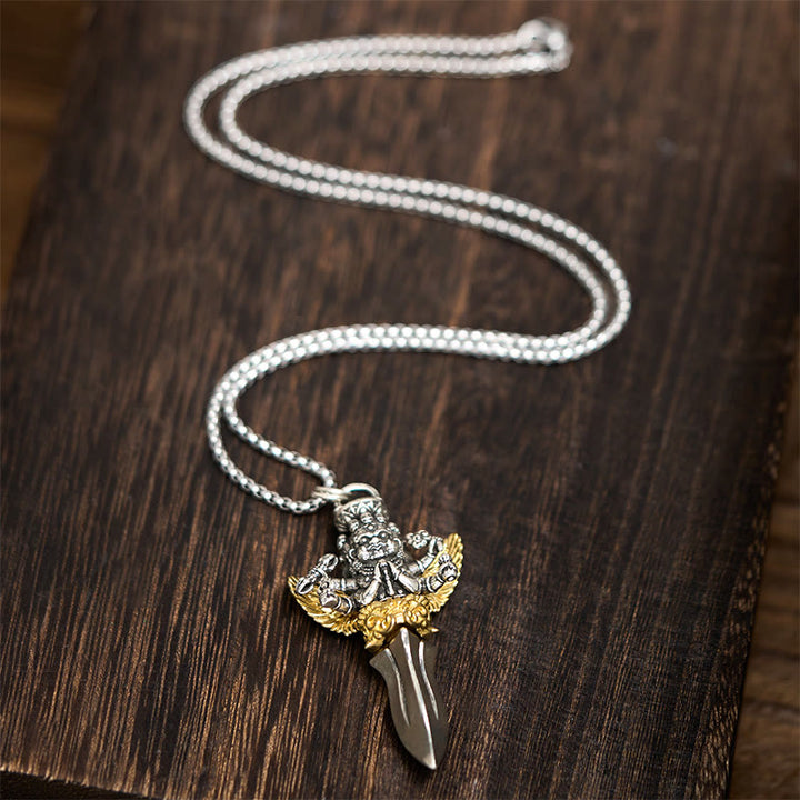 Buddha Stones Tibetan Vajra Three Heads Six Arms Design Copper Healing Spiritual Power Necklace Pendant - image 4