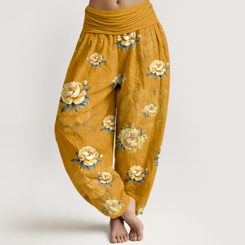 Buddha Stones Cotton Delicate Peony Pattern Women's Elastic Waist Harem Pants - Goldenrod - US16，UK/AU20，EU48 (3XL) - image 0