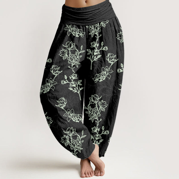 Buddha Stones Cotton Simple Flower Bud Pattern Women's Elastic Waist Harem Pants - Black - US16，UK/AU20，EU48 (3XL) - image 5