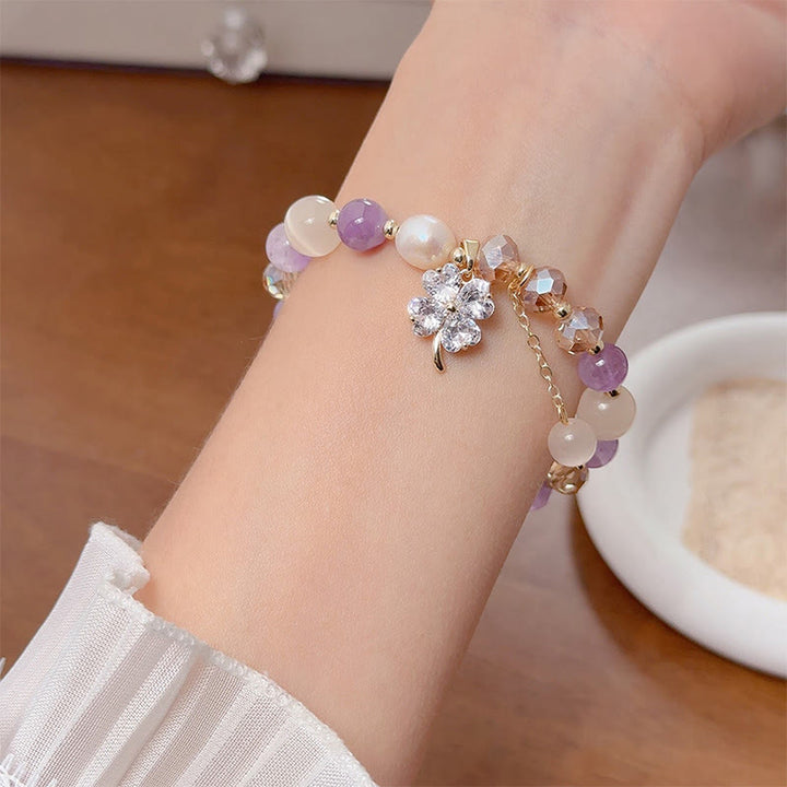 Buddha Stones Four Leaf Clover Amethyst Citrine Green Strawberry Quartz Rutilated Quartz Balance Bracelet - image 4