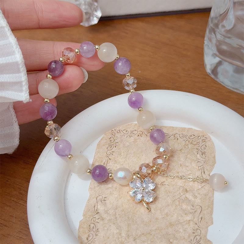 Buddha Stones Four Leaf Clover Amethyst Citrine Green Strawberry Quartz Rutilated Quartz Balance Bracelet - Amethyst(Wrist Circumference: 15-17cm) - image 1