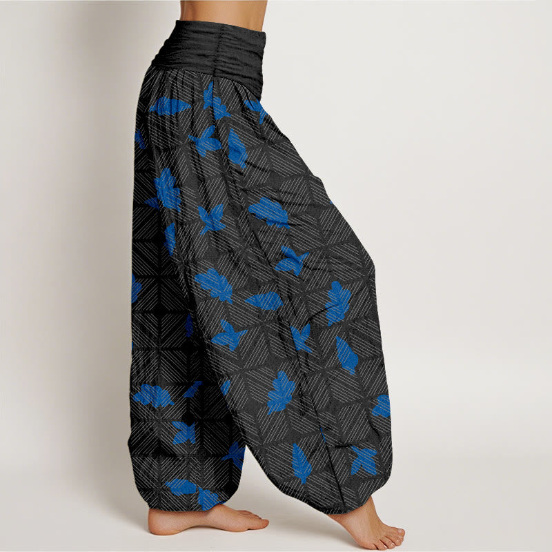 Buddha Stones Cotton Neatly Arranged Checkered Leaf Pattern Women's Elastic Waist Harem Pants - image 7