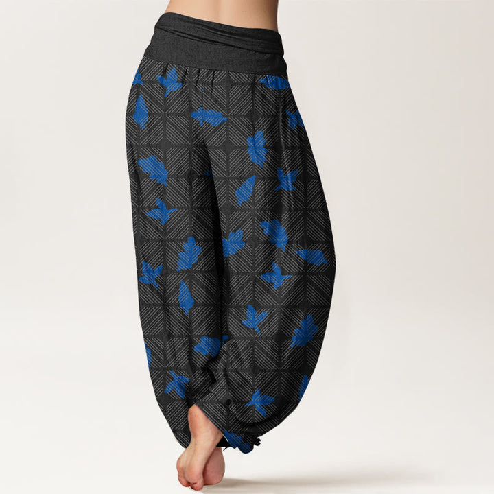 Buddha Stones Cotton Neatly Arranged Checkered Leaf Pattern Women's Elastic Waist Harem Pants - image 6
