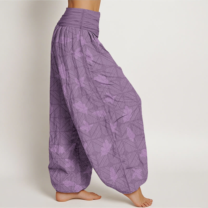 Buddha Stones Cotton Neatly Arranged Checkered Leaf Pattern Women's Elastic Waist Harem Pants - image 10