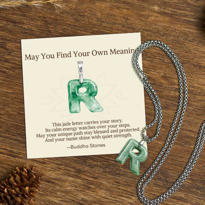 Buddha Stones "May You Find Your Own Meaning" Natural A-Z Letter Jade Titanium Steel Chain Necklace Includes Gift Message Card - R - Titanium Steel Chain(One Pendant) - Standard Gift Box - image 79