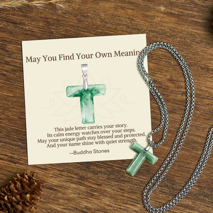 Buddha Stones "May You Find Your Own Meaning" Natural A-Z Letter Jade Titanium Steel Chain Necklace Includes Gift Message Card - T - Titanium Steel Chain(One Pendant) - Standard Gift Box - image 87