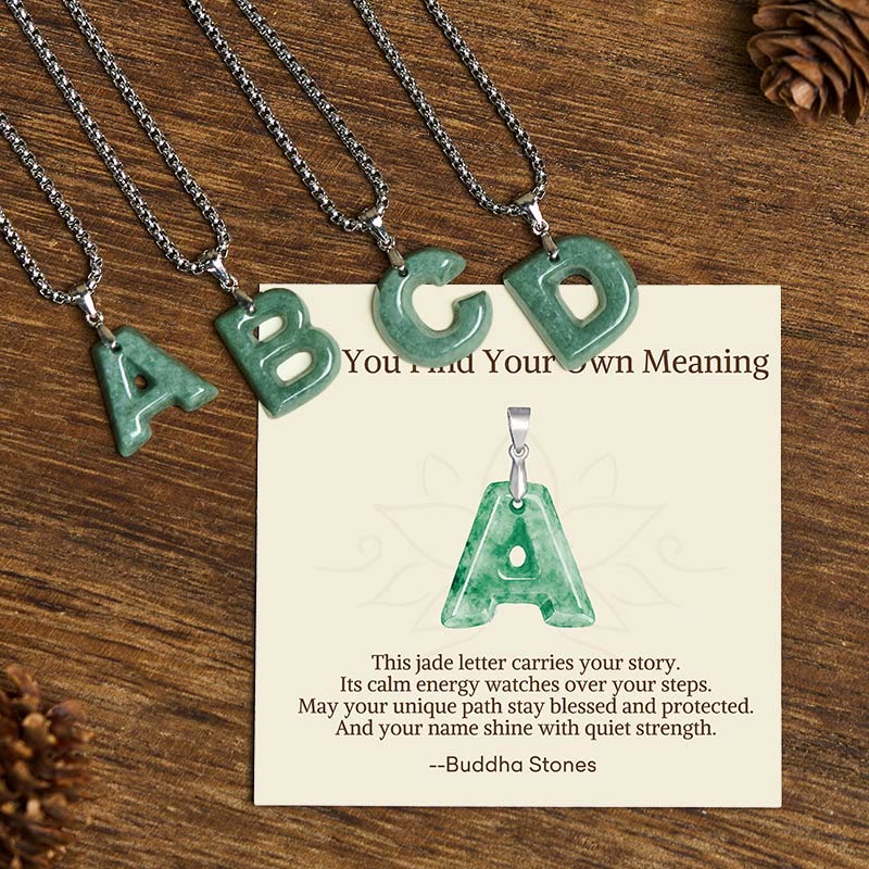 Buddha Stones "May You Find Your Own Meaning" Natural A-Z Letter Jade Titanium Steel Chain Necklace Includes Gift Message Card - image 0