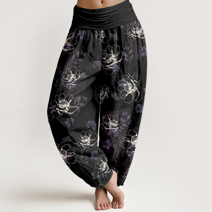 Buddha Stones Cotton Exquisite Retro Flower Pattern Women's Elastic Waist Harem Pants - Black - US16，UK/AU20，EU48 (3XL) - image 0