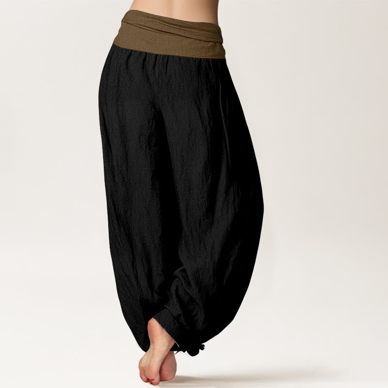 Buddha Stones Cotton Black Green Tan Solid Color Women's Elastic Waist Harem Pants - image 1