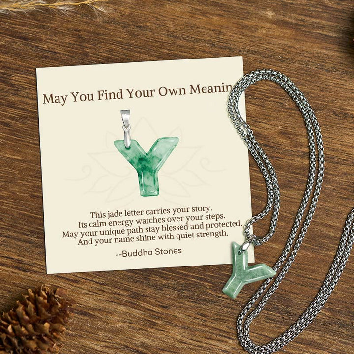 Buddha Stones "May You Find Your Own Meaning" Natural A-Z Letter Jade Titanium Steel Chain Necklace Includes Gift Message Card - Y - Titanium Steel Chain(One Pendant) - Standard Gift Box - image 107