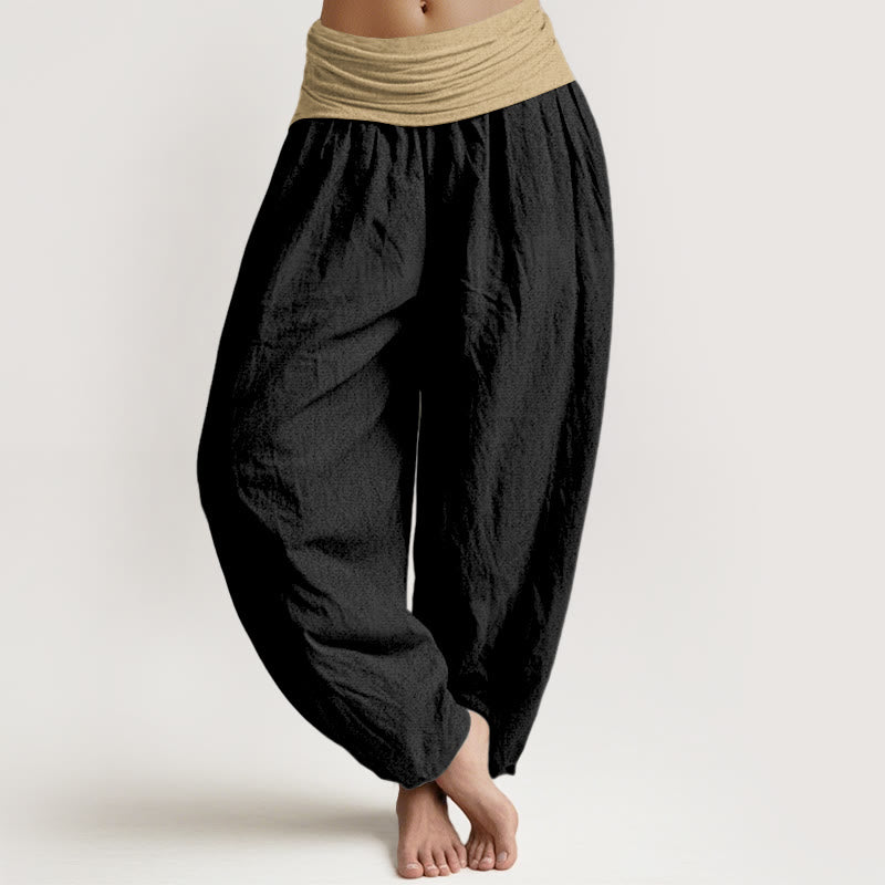 Buddha Stones Cotton Brown Blue Black Solid Color Women's Elastic Waist Harem Pants - Black - US16，UK/AU20，EU48 (3XL) - image 8