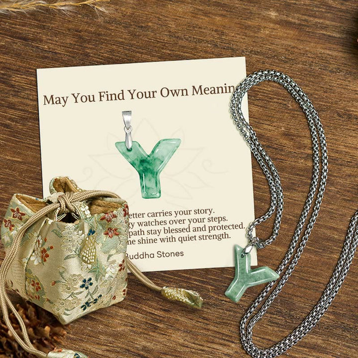 Buddha Stones "May You Find Your Own Meaning" Natural A-Z Letter Jade Titanium Steel Chain Necklace Includes Gift Message Card - Y - Titanium Steel Chain(One Pendant) - Deluxe Gift Bag (+$9.59) - image 110