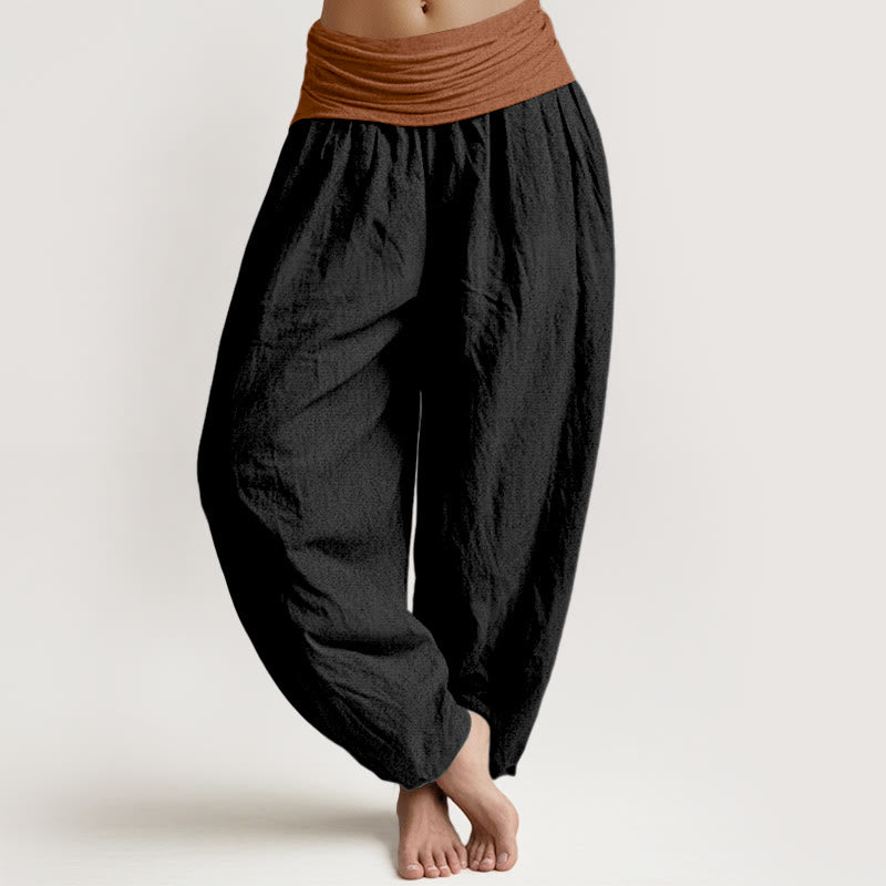 Buddha Stones Cotton Green Black Brown Red Solid Color Women's Elastic Waist Harem Pants - Black - US16，UK/AU20，EU48 (3XL) - image 5