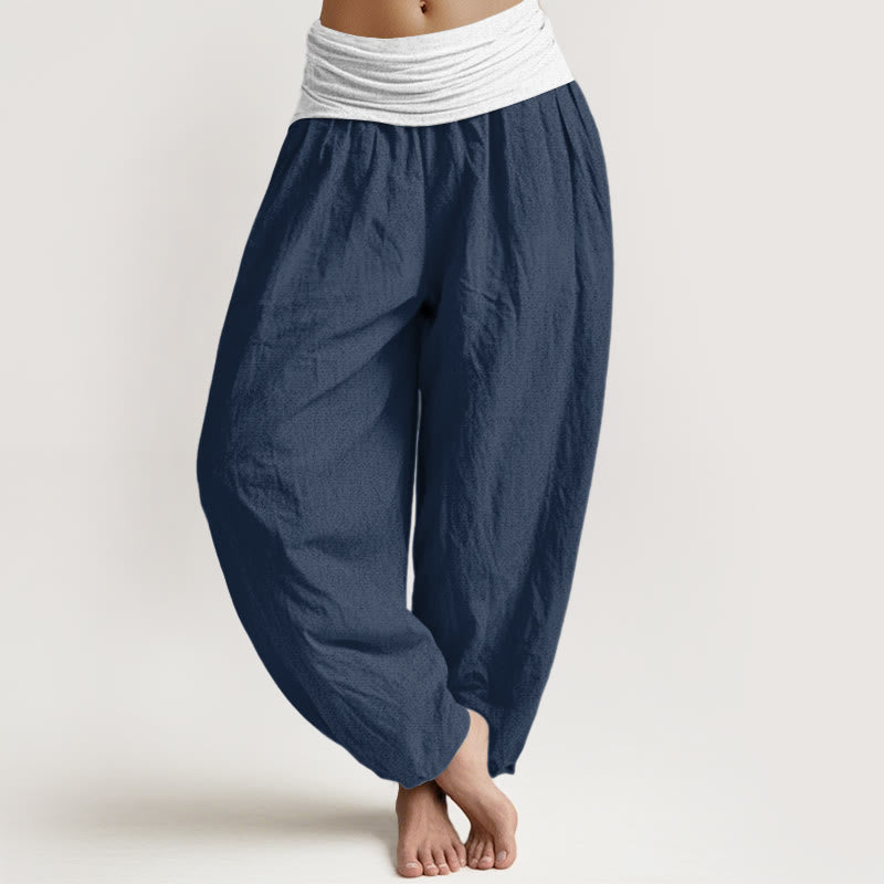 Buddha Stones Cotton Blue Black Gray Solid Color Women's Elastic Waist Harem Pants - DarkBlue - US16，UK/AU20，EU48 (3XL) - image 0