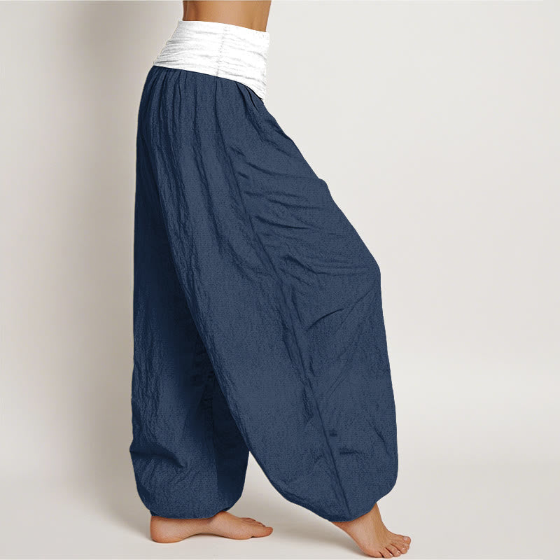 Buddha Stones Cotton Blue Black Gray Solid Color Women's Elastic Waist Harem Pants - image 2