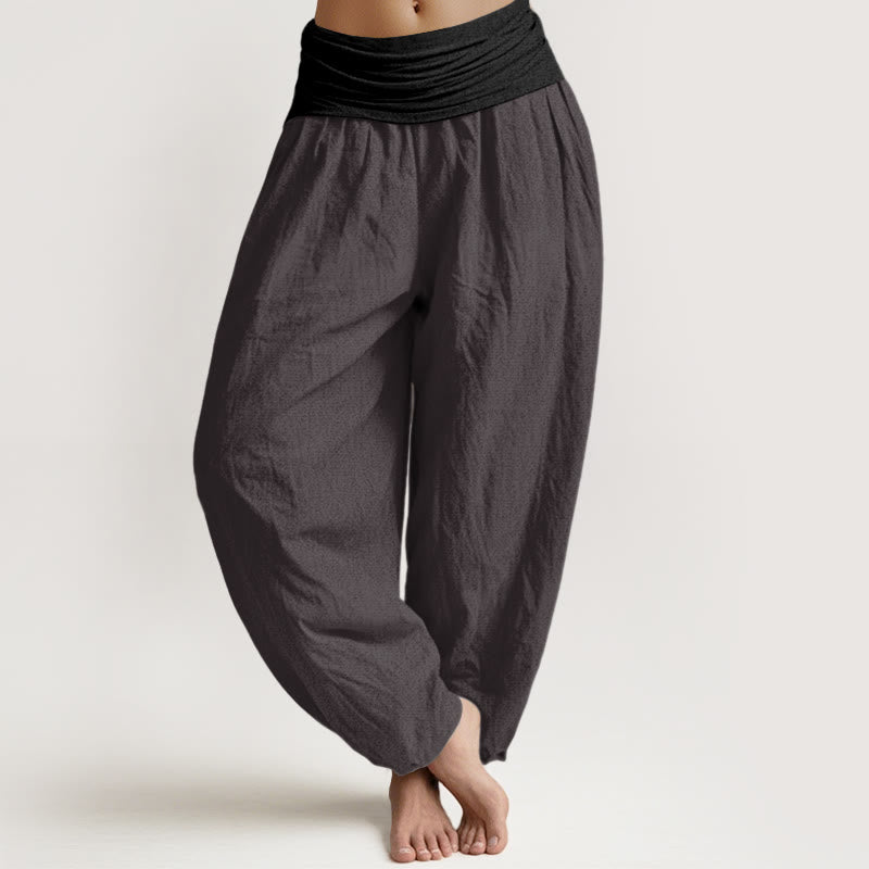 Buddha Stones Cotton Blue Black Gray Solid Color Women's Elastic Waist Harem Pants - DimGray - US16，UK/AU20，EU48 (3XL) - image 8