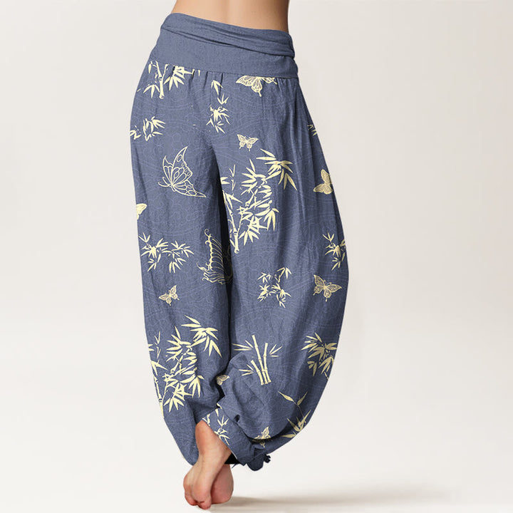 Buddha Stones Cotton Elegant Butterfly Bamboo Pattern Women's Elastic Waist Harem Pants - image 1