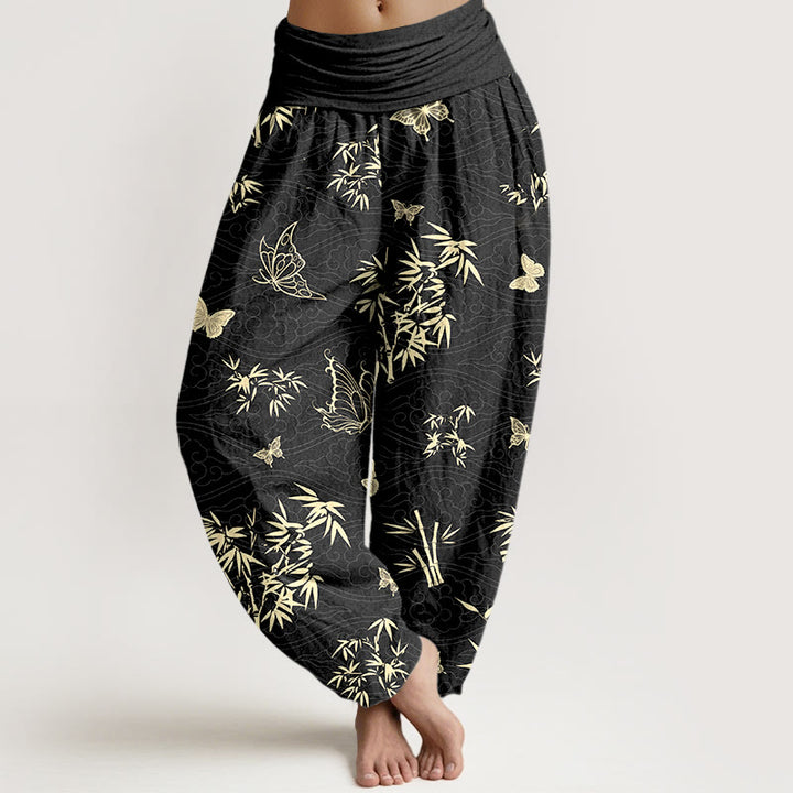 Buddha Stones Cotton Elegant Butterfly Bamboo Pattern Women's Elastic Waist Harem Pants - Black - US16，UK/AU20，EU48 (3XL) - image 5