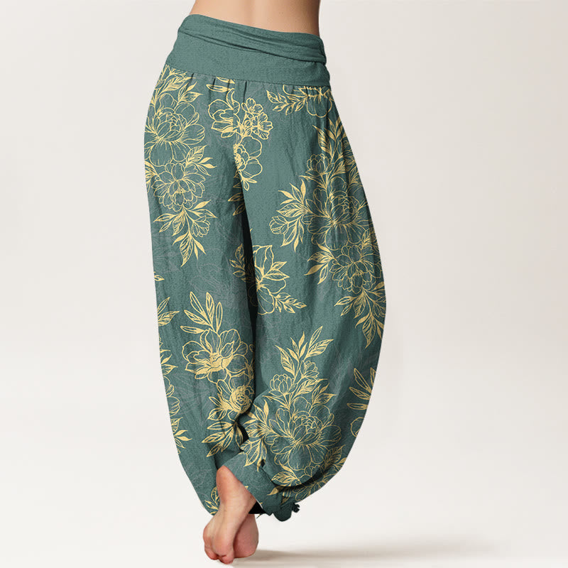 Buddha Stones Cotton Complicated Flowers Leaves Pattern Women's Elastic Waist Harem Pants - image 1