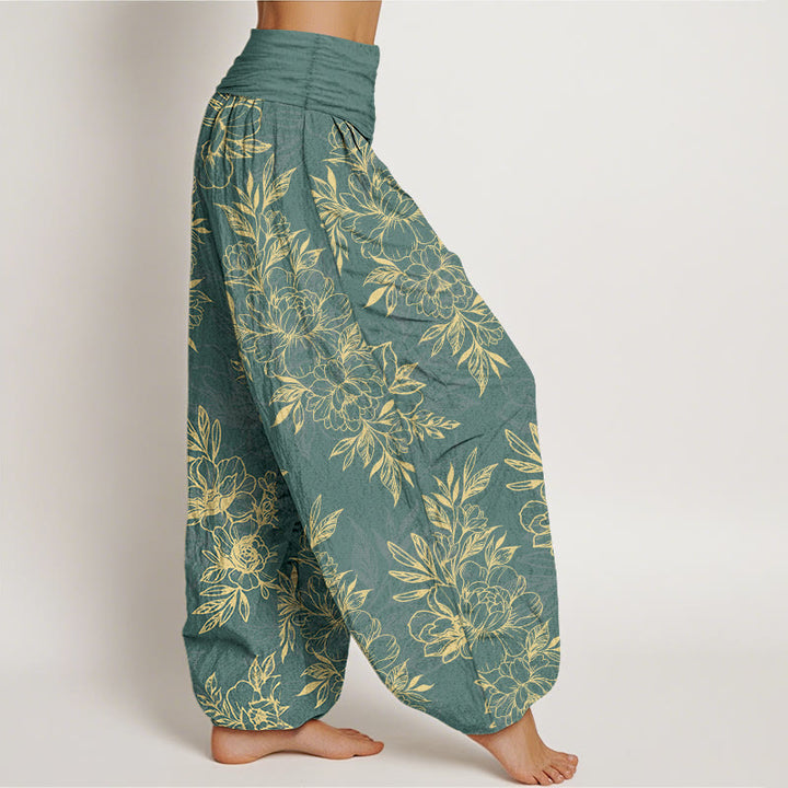 Buddha Stones Cotton Complicated Flowers Leaves Pattern Women's Elastic Waist Harem Pants - image 2
