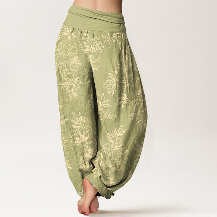 Buddha Stones Cotton Complicated Flowers Leaves Pattern Women's Elastic Waist Harem Pants - image 12