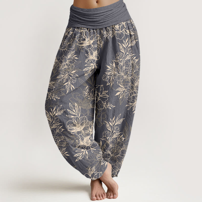 Buddha Stones Cotton Complicated Flowers Leaves Pattern Women's Elastic Waist Harem Pants - DimGray - US16，UK/AU20，EU48 (3XL) - image 14