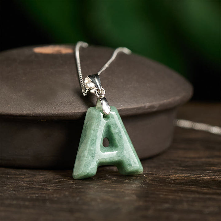 Buddha Stones Natural A-Z Letter Jade 925 Sterling Silver Silm Chain Prosperity Necklace Pendant - image 3