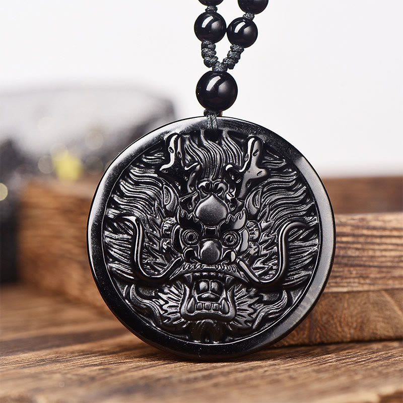 Buddha Stones Dragon Black Obsidian Transformation Fulfilment Necklace Pendant - Black Obsidian With Bead Chain - image 0