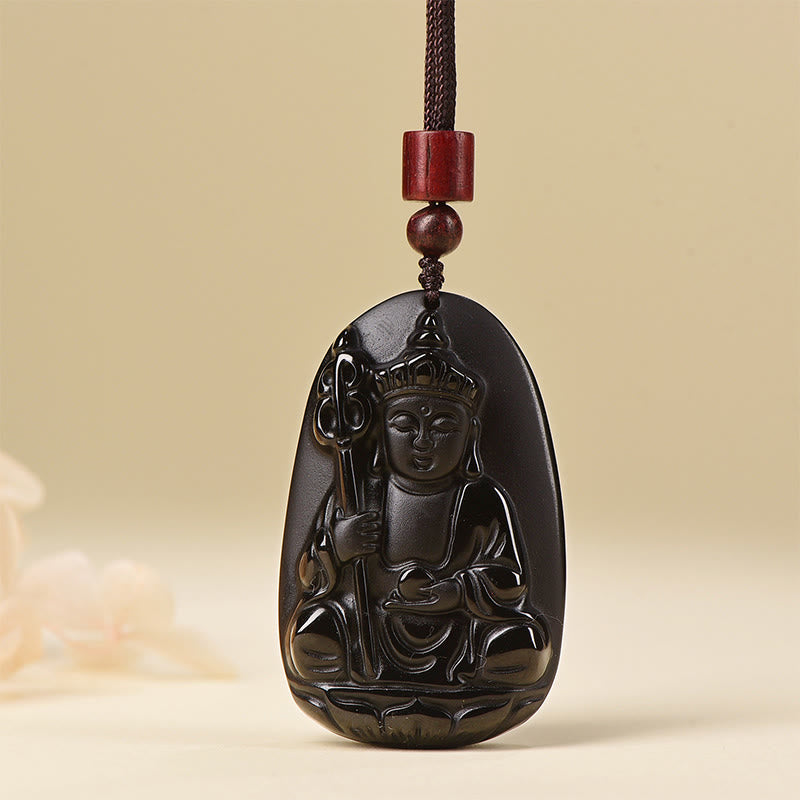 Buddha Stones Ksitigarbha Buddha Pattern Black Obsidian Fulfilment Necklace Pendant - Black Obsidian With Rope Chain - image 7