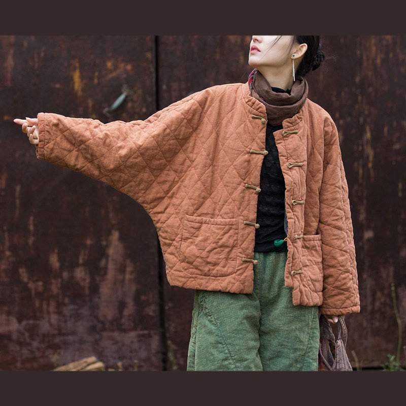 Buddha Stones Winter Frog-Button Lines Open Front Cotton Long Sleeve Women's Thermal Jacket With Pockets - SandyBrown - US14，UK/AU18，EU46 (2XL) - image 11