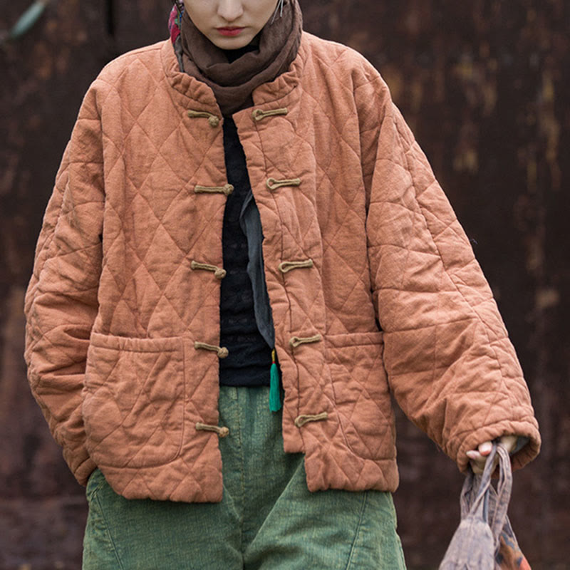 Buddha Stones Winter Frog-Button Lines Open Front Cotton Long Sleeve Women's Thermal Jacket With Pockets - image 13