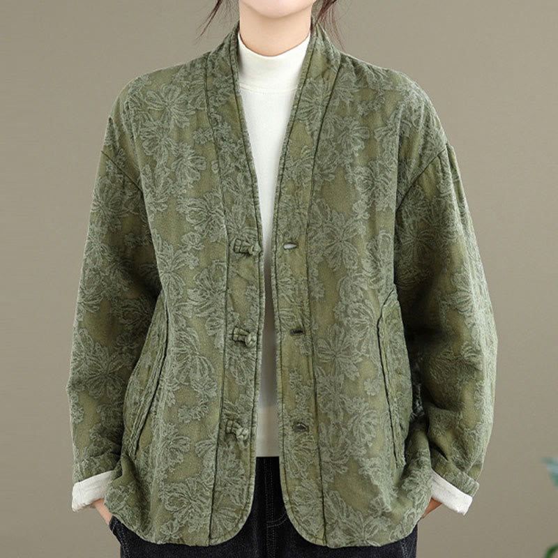 Buddha Stones Winter V-Neck Jacquard Frog-Button Cotton Long Sleeve Women's Thermal Jacket With Pockets - image 2