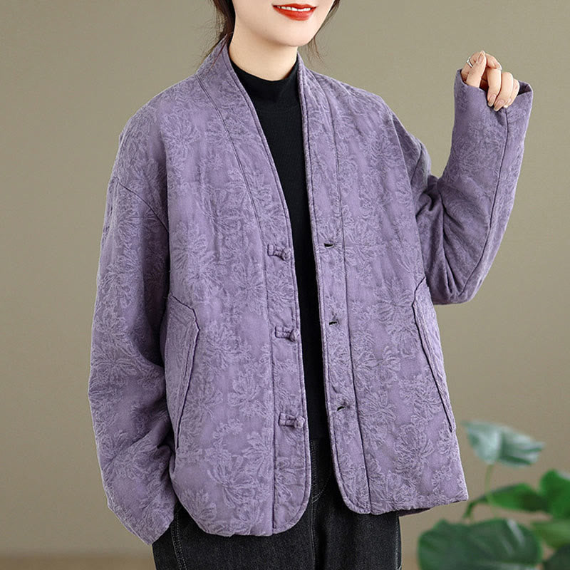 Buddha Stones Winter V-Neck Jacquard Frog-Button Cotton Long Sleeve Women's Thermal Jacket With Pockets - image 21