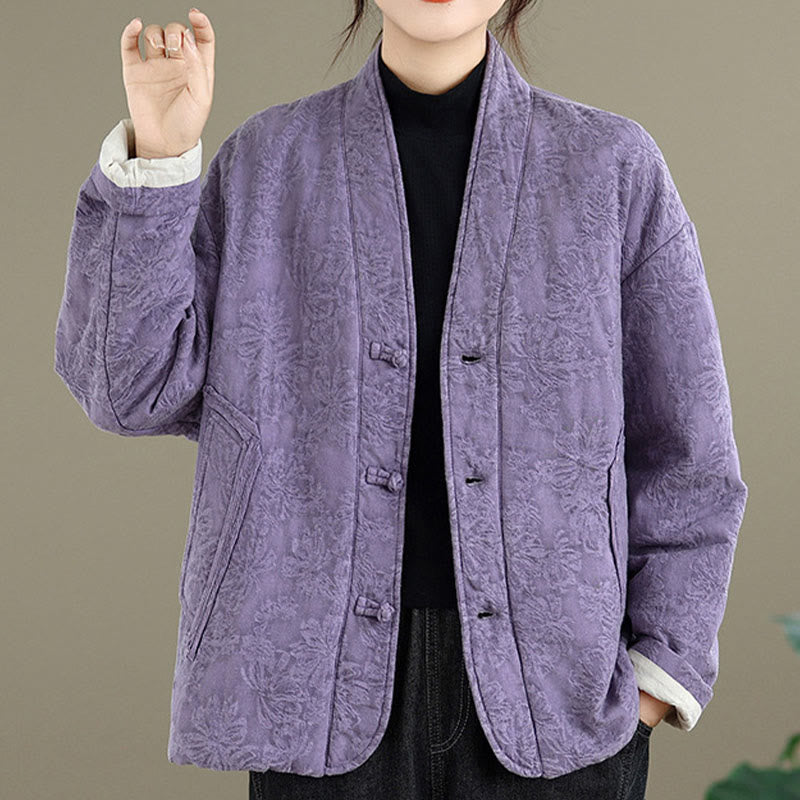 Buddha Stones Winter V-Neck Jacquard Frog-Button Cotton Long Sleeve Women's Thermal Jacket With Pockets - image 23