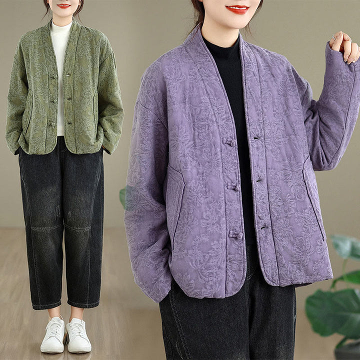 Buddha Stones Winter V-Neck Jacquard Frog-Button Cotton Long Sleeve Women's Thermal Jacket With Pockets - image 25