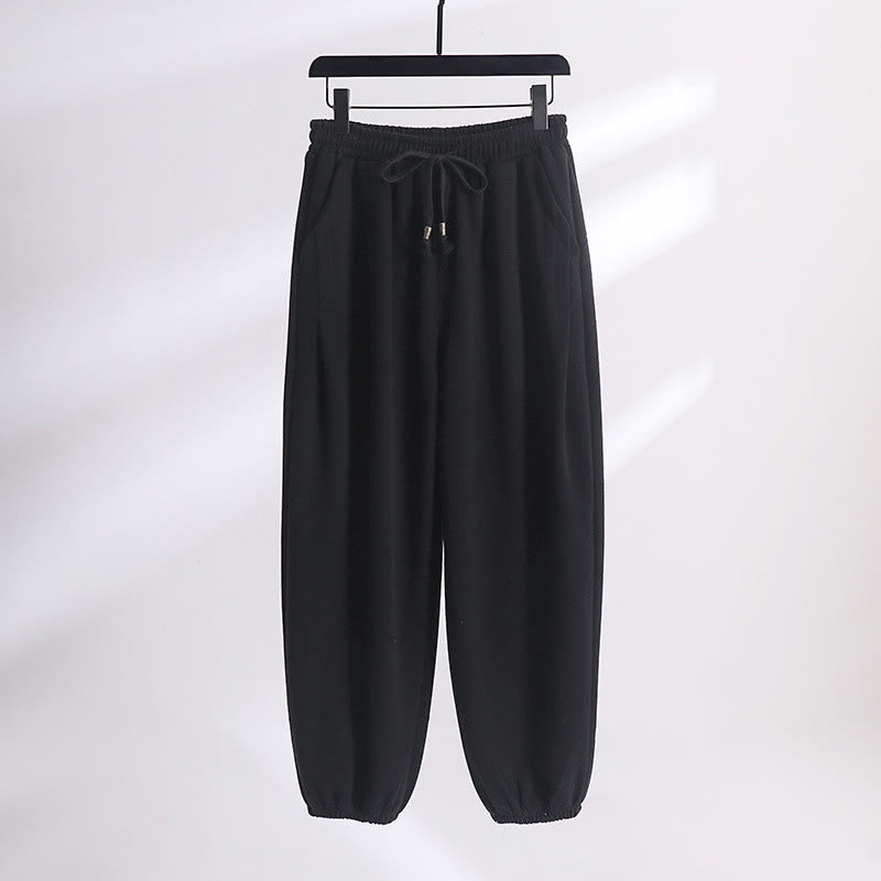 Buddha Stones Fall Winter Solid Drawstring Regular Fleece-Lined Elastic Waist Men's Cotton Harem Pants With Pockets - Black(Regular Version) - US/UK/AU54，EU64 (9XL) - image 8