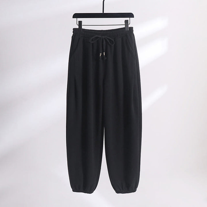 Buddha Stones Fall Winter Solid Drawstring Regular Fleece-Lined Elastic Waist Men's Cotton Harem Pants With Pockets - Black(Regular Version) - US/UK/AU54，EU64 (9XL) - image 8