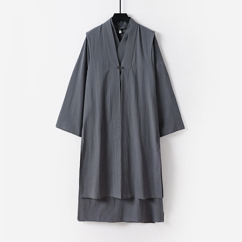 Buddha Stones 2Pcs Wudang Fall Solid Long Sleeve Men's Taoist Long Robe Sleeveless Vest Lace-up Kimono Ceremony Suit - DarkGray - US/UK/AU54，EU64 (9XL) - image 0