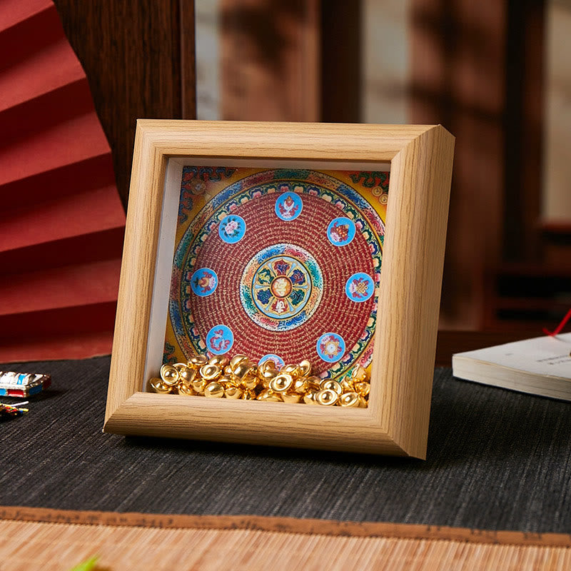 Buddha Stones Tibetan Om Mani Padme Hum Golden Ingot Thangka Photo Frame Ornament Home Decor - Style 1 - Yellow Medium Density Fiberboard(10*10*4cm) - image 0
