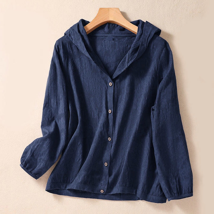 Buddha Stones Fall Jacquard Buttons Down Design Cotton Long Sleeve Women's Hoodie - SteelBlue - US8-10，UK/AU12-14，EU40-42 (2XL) - image 0