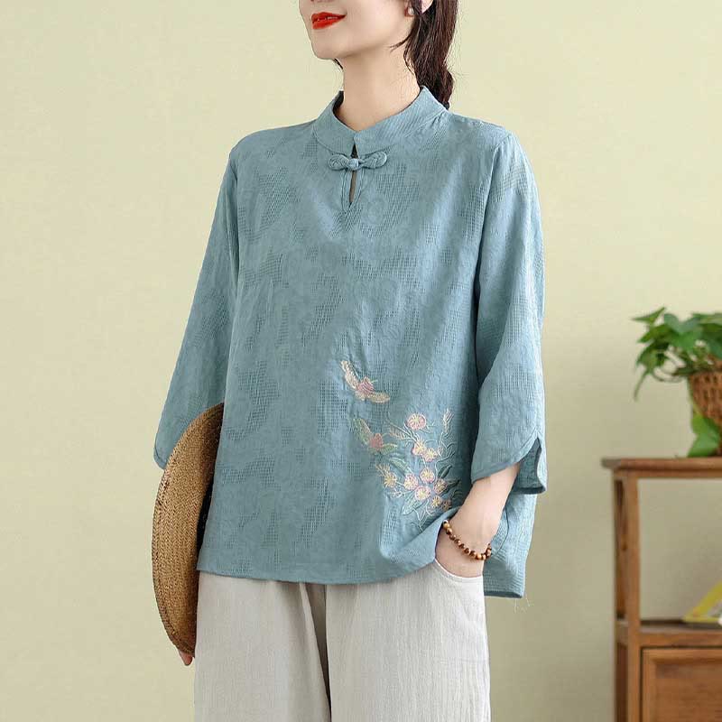 Buddha Stones Flower Embroidery Three Quarter Sleeve One Frog-Button Mandarin Collar Cotton Women's Shirt - LightBlue - US12，UK/AU16，EU44 (3XL) - image 8