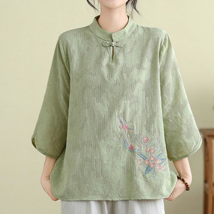 Buddha Stones Flower Embroidery Three Quarter Sleeve One Frog-Button Mandarin Collar Cotton Women's Shirt - image 5