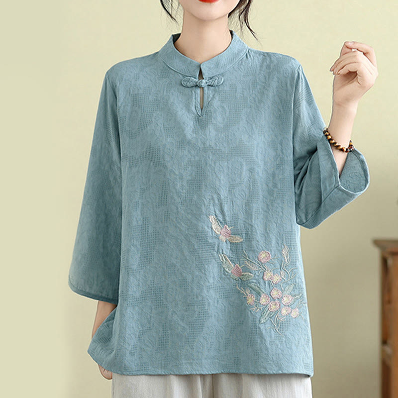 Buddha Stones Flower Embroidery Three Quarter Sleeve One Frog-Button Mandarin Collar Cotton Women's Shirt - image 9