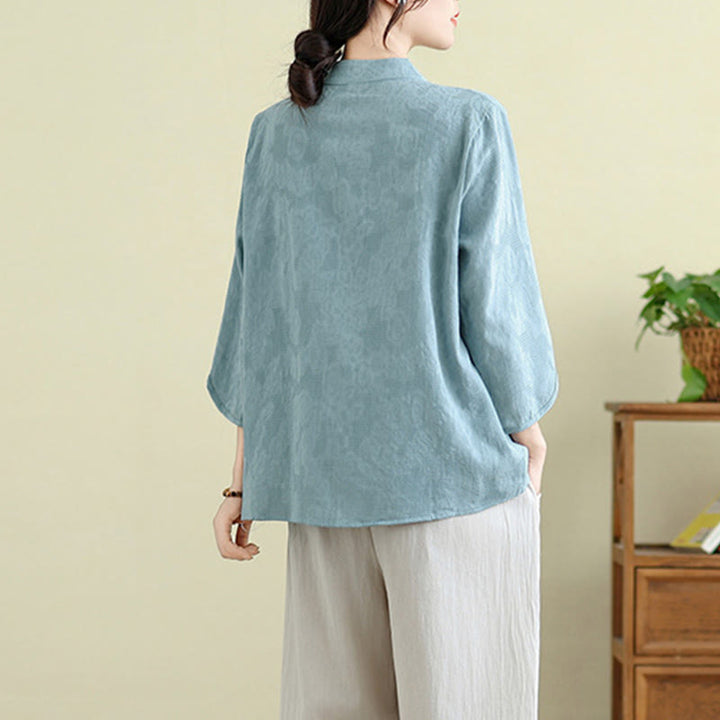 Buddha Stones Flower Embroidery Three Quarter Sleeve One Frog-Button Mandarin Collar Cotton Women's Shirt - image 10