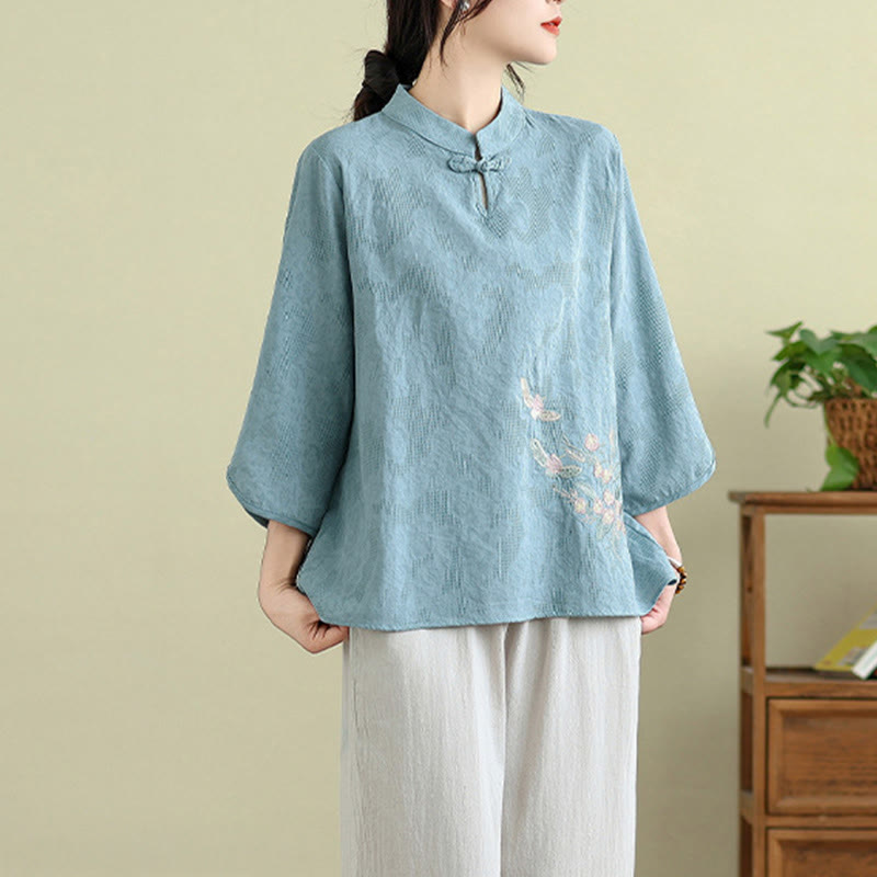 Buddha Stones Flower Embroidery Three Quarter Sleeve One Frog-Button Mandarin Collar Cotton Women's Shirt - image 12